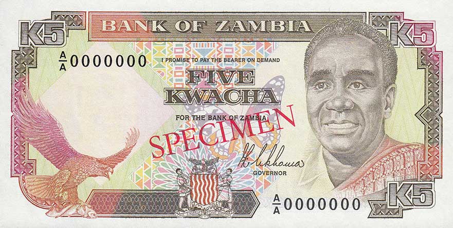 Front of Zambia p30s: 5 Kwacha from 1989