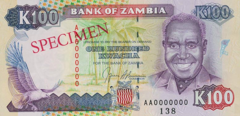 Front of Zambia p34s: 100 Kwacha from 1991