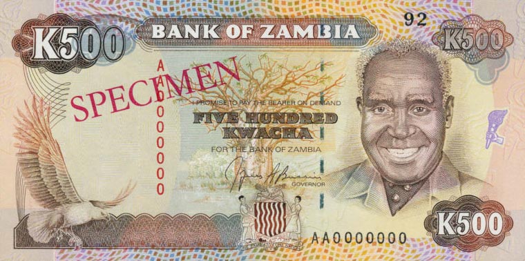 Front of Zambia p35s: 500 Kwacha from 1991