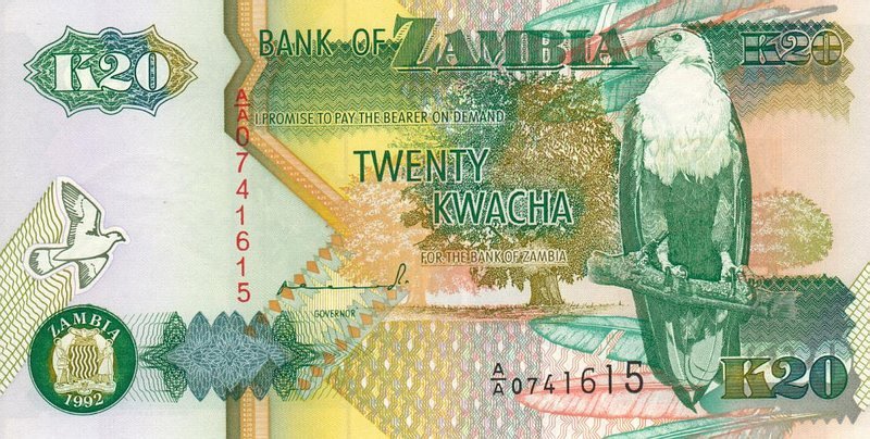 Front of Zambia p36a: 20 Kwacha from 1992