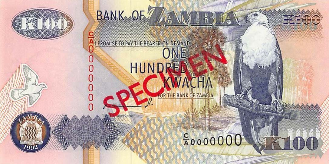 Front of Zambia p38s: 100 Kwacha from 1992