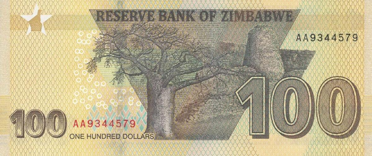 Back of Zimbabwe p106: 100 Dollars from 2020