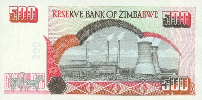 Back of Zimbabwe p10: 500 Dollars from 2001
