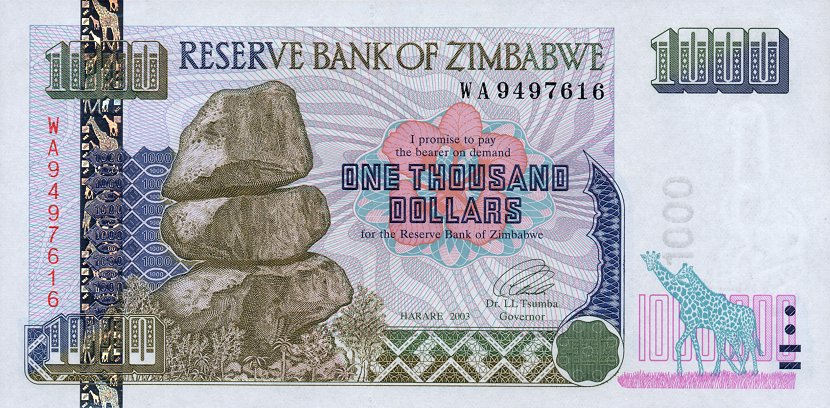 Front of Zimbabwe p12a: 1000 Dollars from 2003