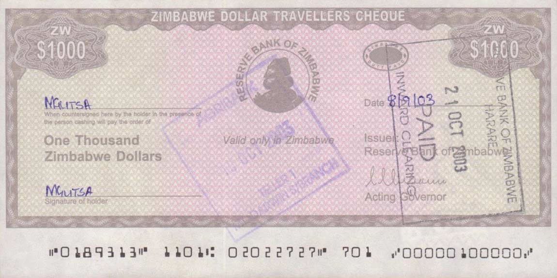 Front of Zimbabwe p15: 1000 Dollars from 2003