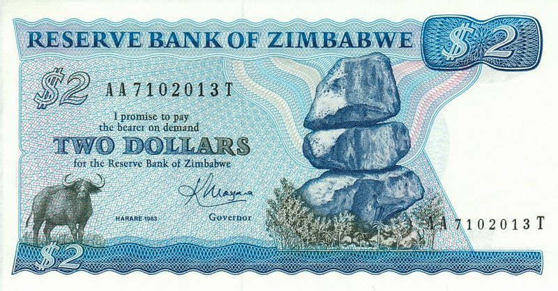Front of Zimbabwe p1b: 2 Dollars from 1983