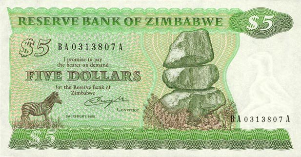 Front of Zimbabwe p2a: 5 Dollars from 1980
