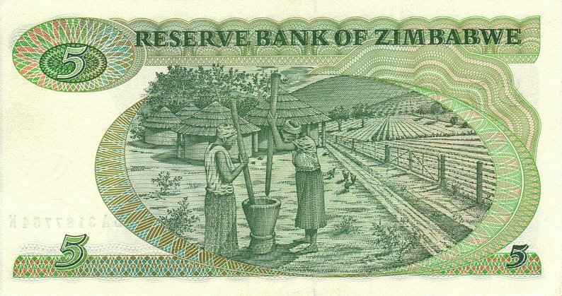 Back of Zimbabwe p2b: 5 Dollars from 1982