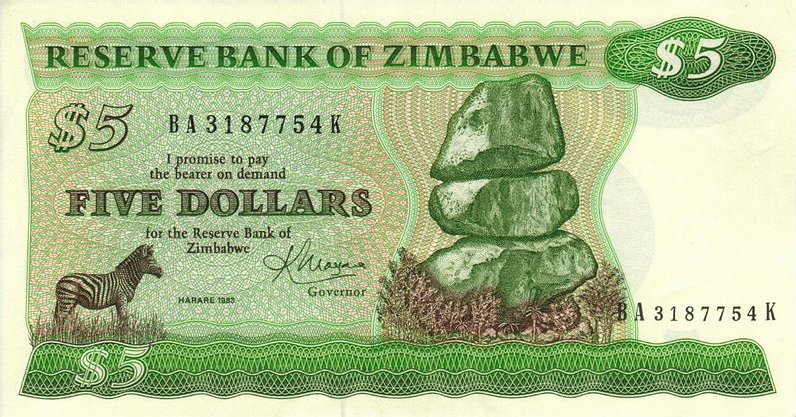 Front of Zimbabwe p2b: 5 Dollars from 1982