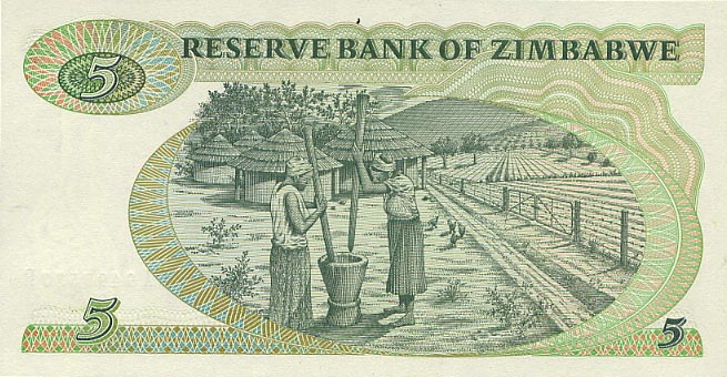 Back of Zimbabwe p2e: 5 Dollars from 1994