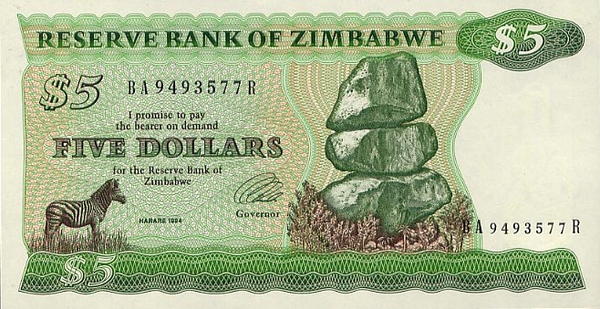 Front of Zimbabwe p2e: 5 Dollars from 1994