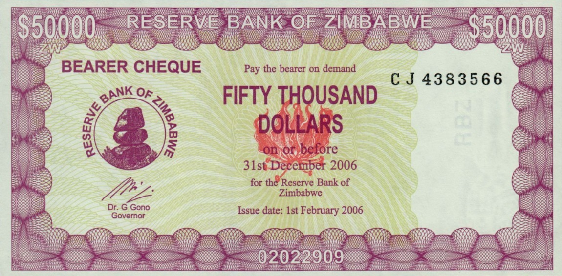Front of Zimbabwe p30: 50000 Dollars from 2006