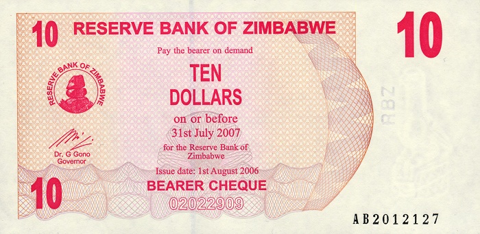 Front of Zimbabwe p39: 10 Dollars from 2006