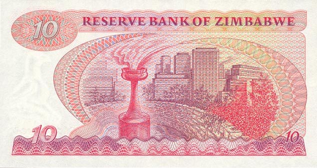 Back of Zimbabwe p3a: 10 Dollars from 1980