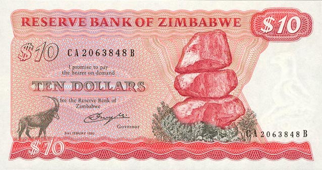Front of Zimbabwe p3a: 10 Dollars from 1980