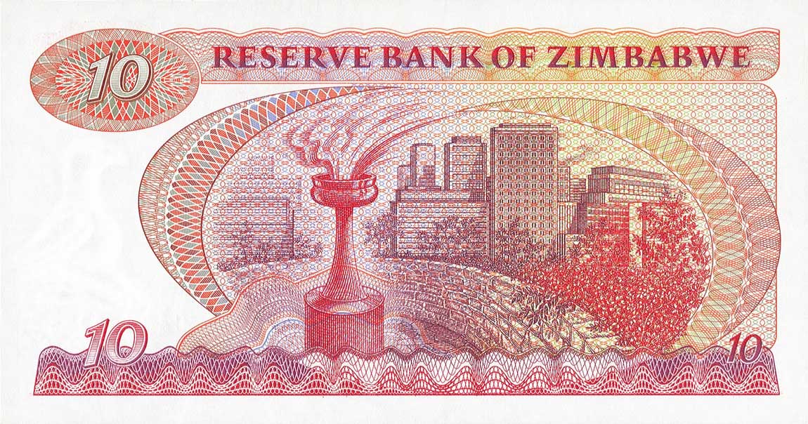 Back of Zimbabwe p3c: 10 Dollars from 1982