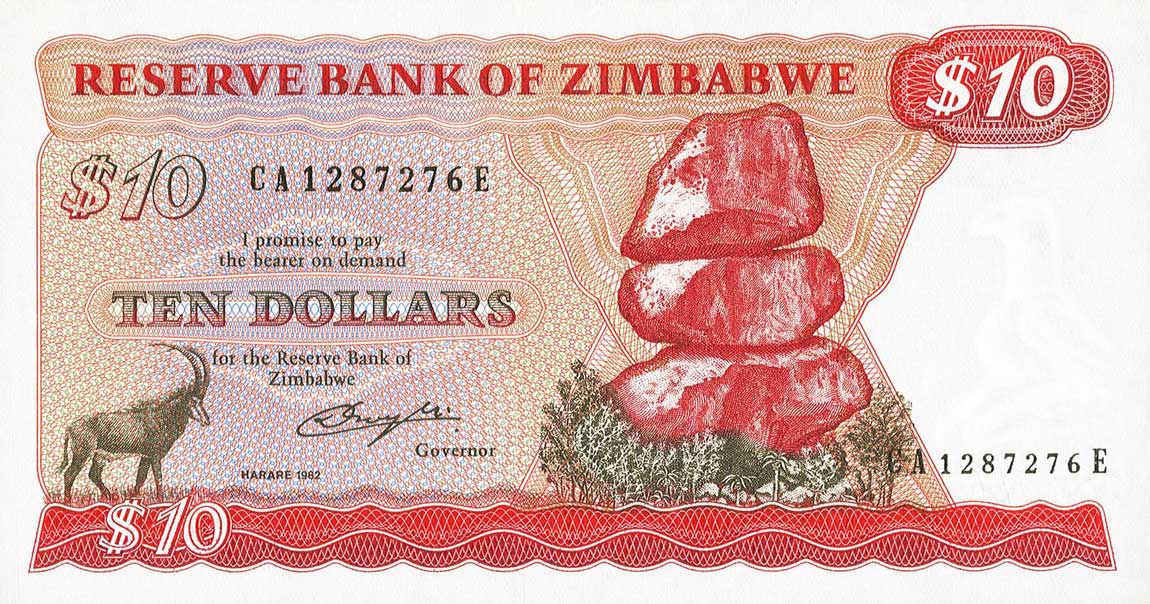 Front of Zimbabwe p3c: 10 Dollars from 1982