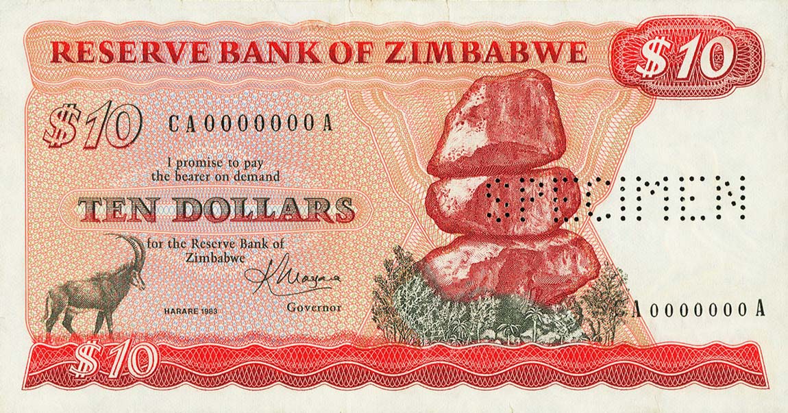 Front of Zimbabwe p3s: 10 Dollars from 1980