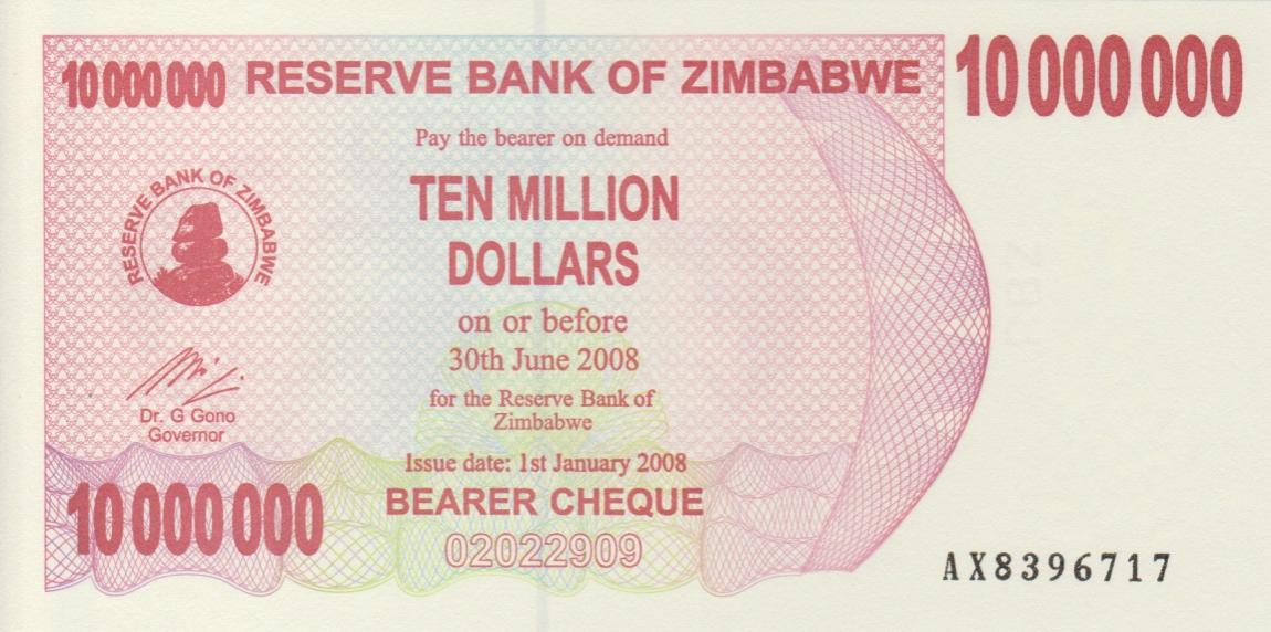 Front of Zimbabwe p55a: 10000000 Dollars from 2008