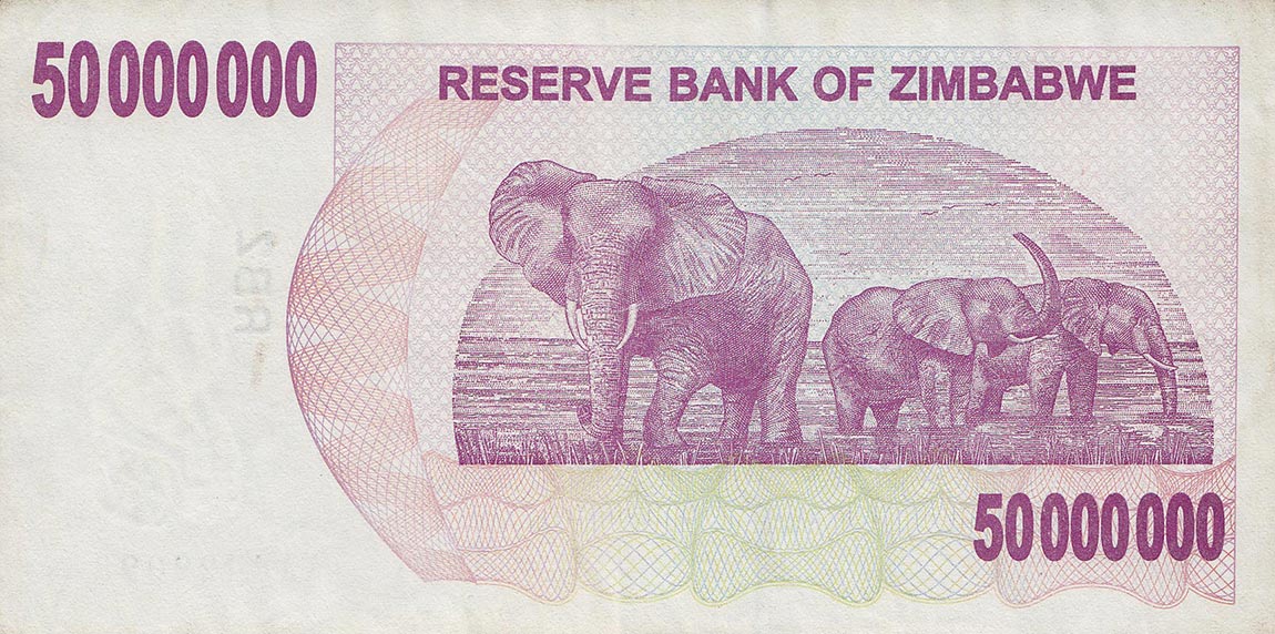Back of Zimbabwe p57: 50000000 Dollars from 2008