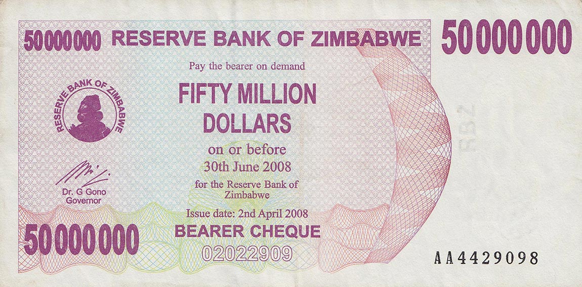 Front of Zimbabwe p57: 50000000 Dollars from 2008