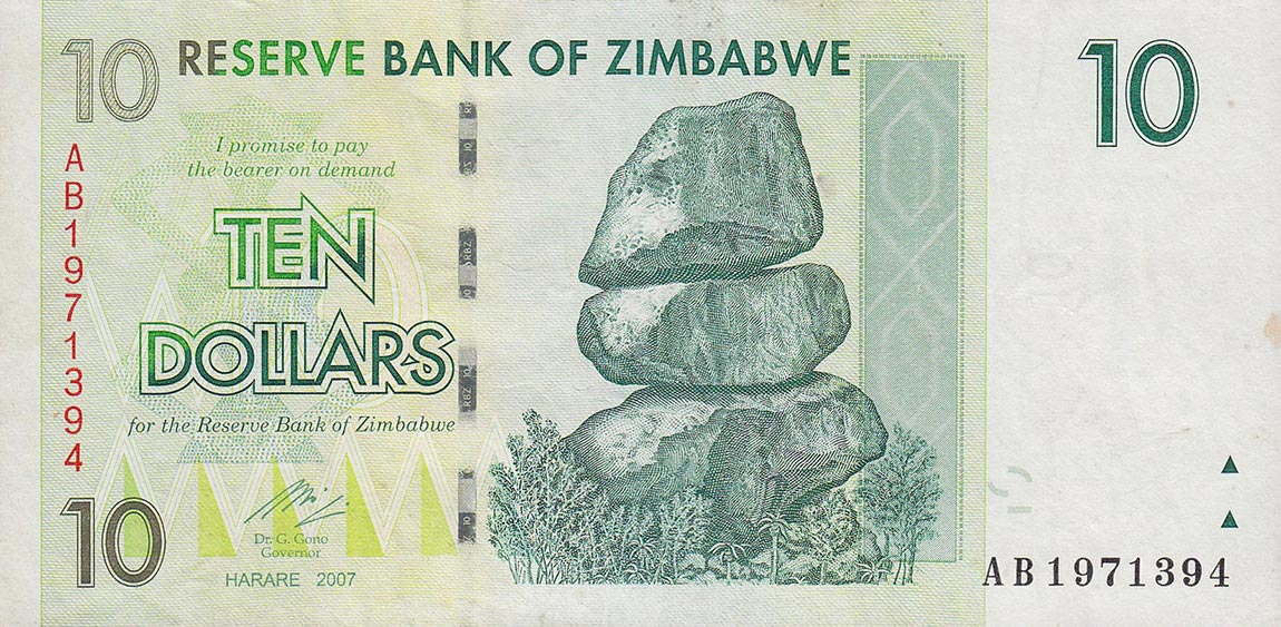 Front of Zimbabwe p67: 10 Dollars from 2007