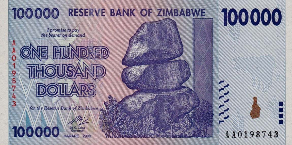 Front of Zimbabwe p75: 100000 Dollars from 2007