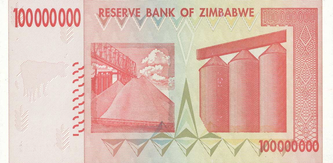 Back of Zimbabwe p80a: 100000000 Dollars from 2008