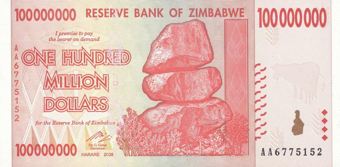 Front of Zimbabwe p80a: 100000000 Dollars from 2008