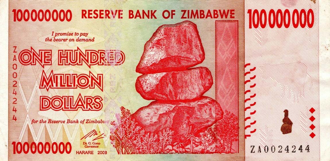Front of Zimbabwe p80r: 100000000 Dollars from 2008