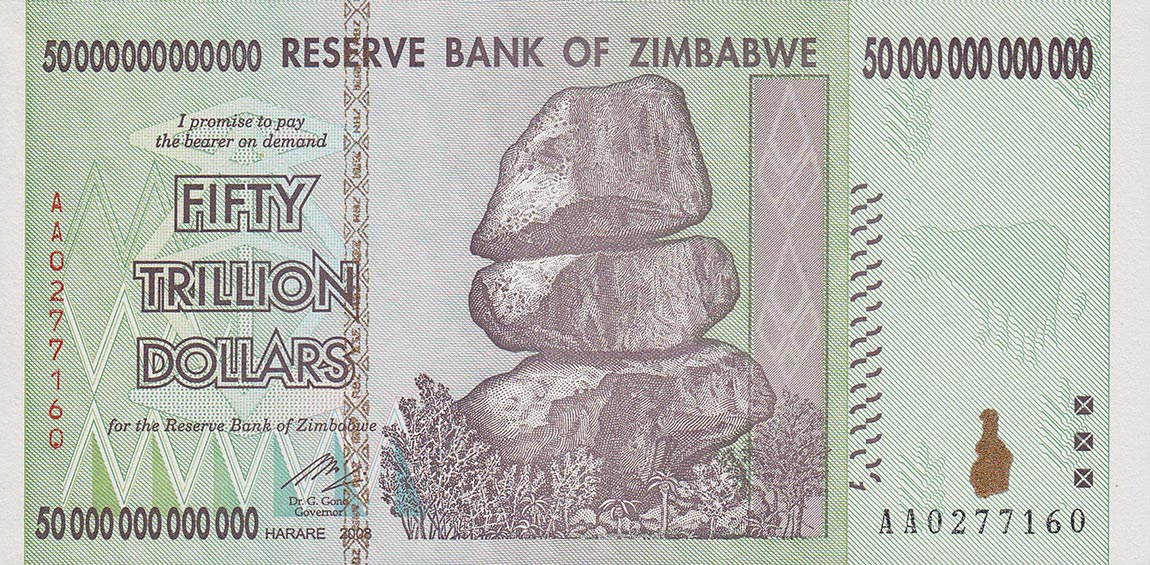Front of Zimbabwe p90: 50000000000000 Dollars from 2008