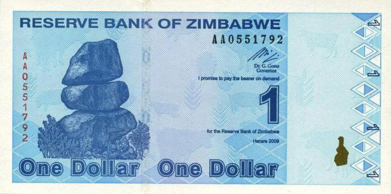 Front of Zimbabwe p92: 1 Dollar from 2009