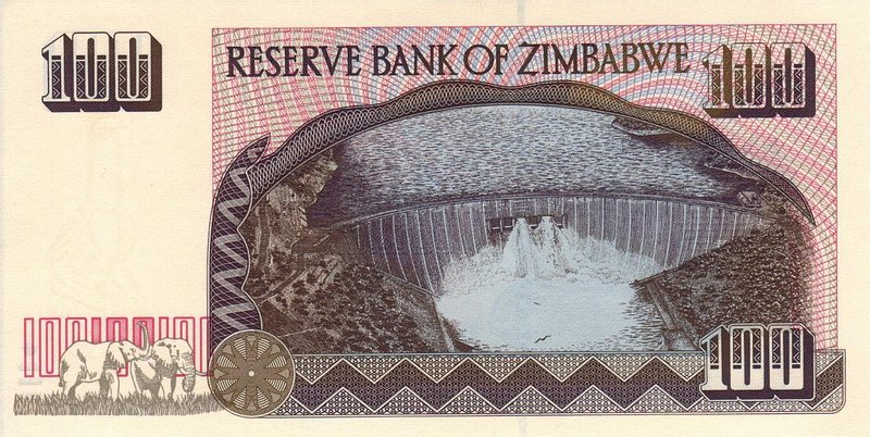 Back of Zimbabwe p9a: 100 Dollars from 1995