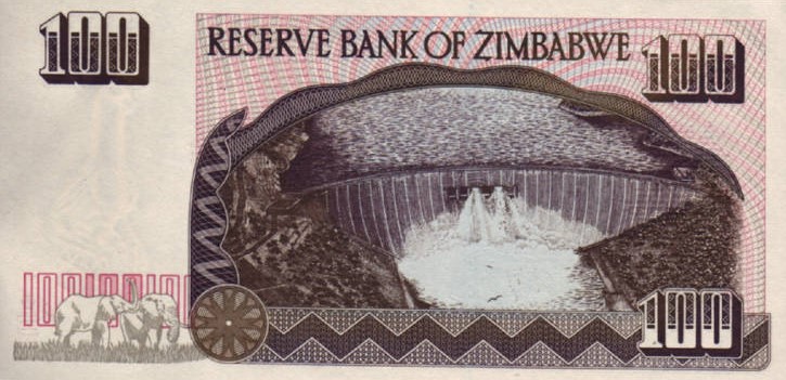Back of Zimbabwe p9r: 100 Dollars from 1995
