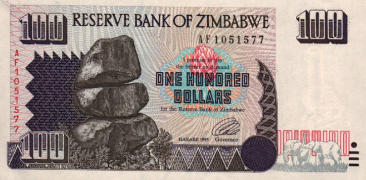 Front of Zimbabwe p9r: 100 Dollars from 1995