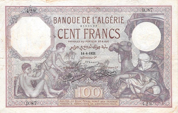 Front of Algeria p81a: 100 Francs from 1921