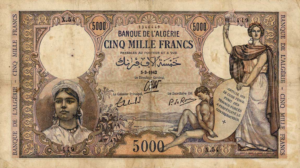 Front of Algeria p90a: 5000 Francs from 1942