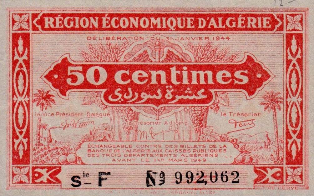 Front of Algeria p97b: 50 Centimes from 1944