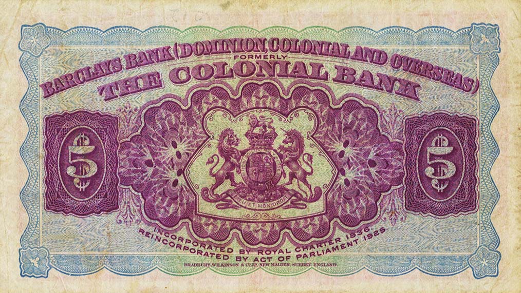 Back of British Guiana pS104a: 5 Dollars from 1937