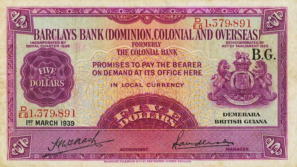 Front of British Guiana pS104a: 5 Dollars from 1937