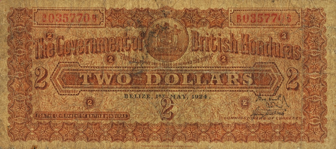 Front of British Honduras p15: 2 Dollars from 1924