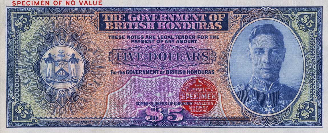 Front of British Honduras p22ct: 5 Dollars from 1939