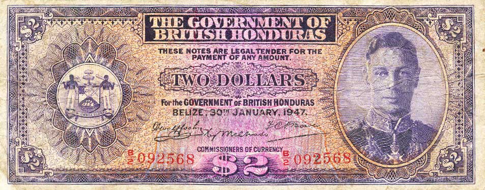 Front of British Honduras p25a: 2 Dollars from 1947