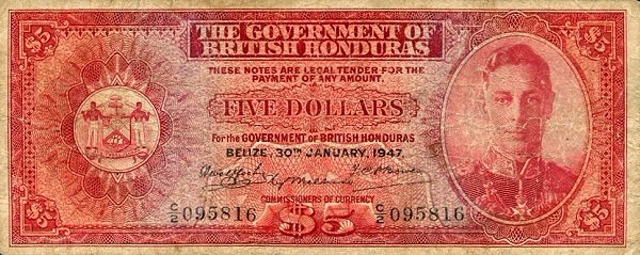 Front of British Honduras p26a: 5 Dollars from 1947