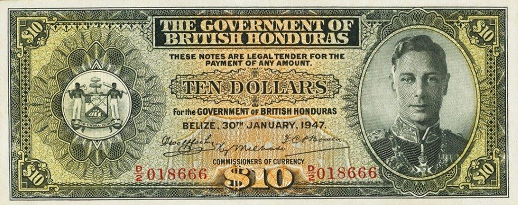Front of British Honduras p27a: 10 Dollars from 1947