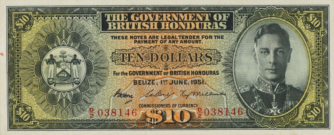 Front of British Honduras p27c: 10 Dollars from 1951