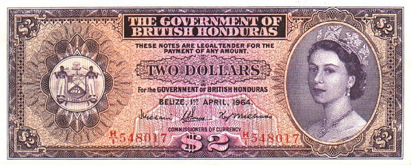 Front of British Honduras p29b: 2 Dollars from 1953