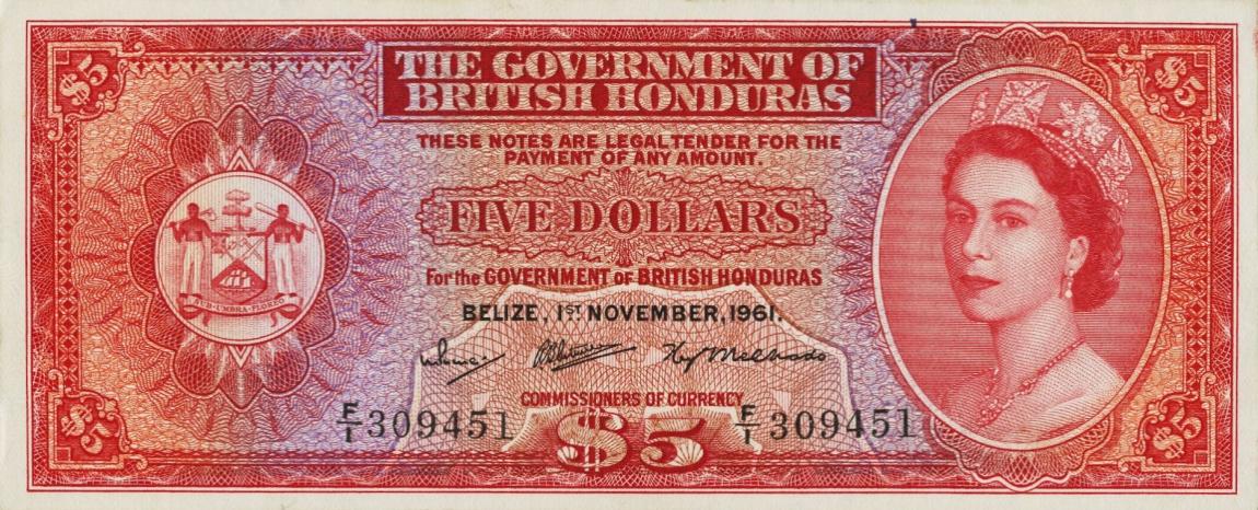 Front of British Honduras p30b: 5 Dollars from 1960