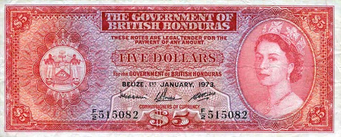 Front of British Honduras p30c: 5 Dollars from 1970