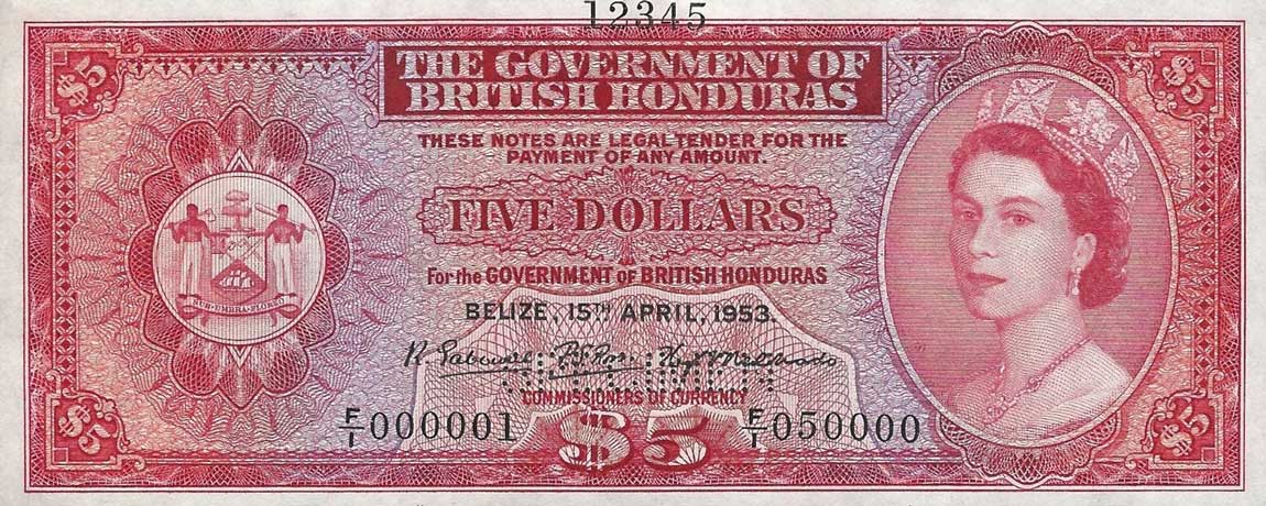 Front of British Honduras p30s: 5 Dollars from 1953